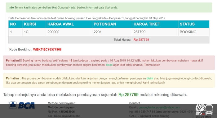 Data Pesanan Tiket Bus Online Gunung Harta