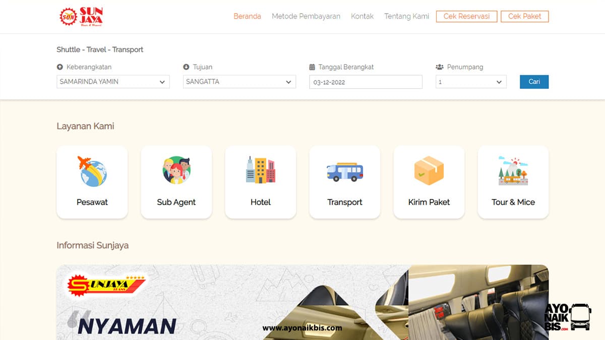 Tampilan Website Tiket Online Sunjaya Travel
