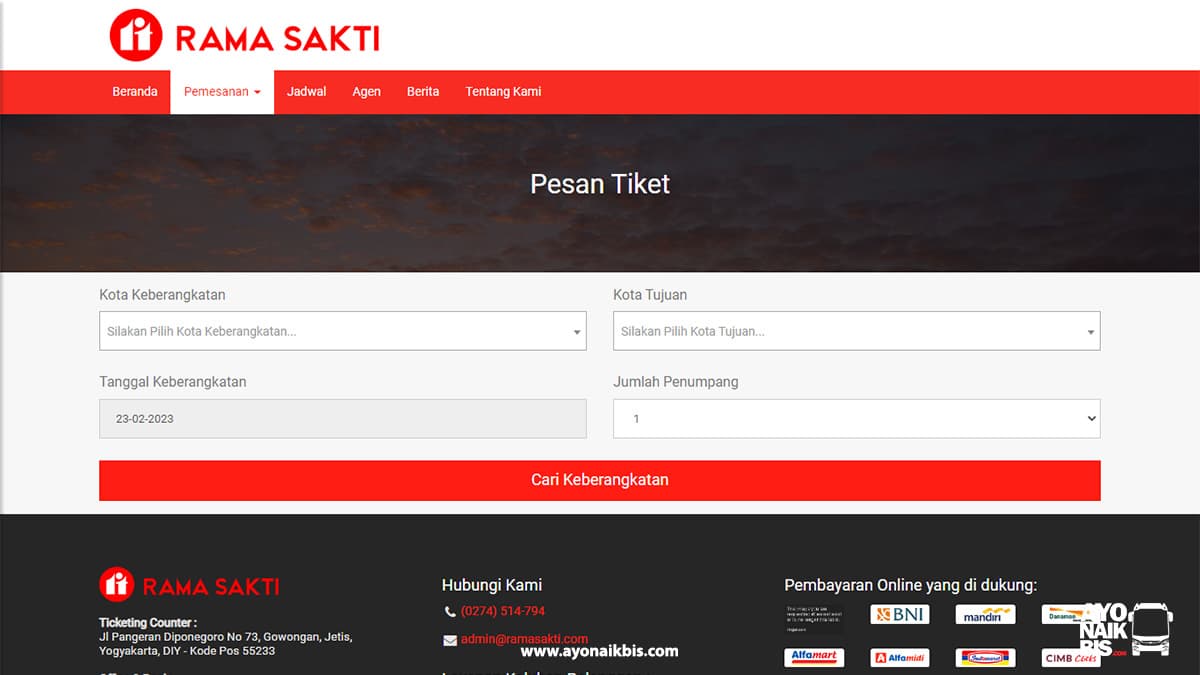 Tampilan Website Pesan Tiket Rama Sakti Travel