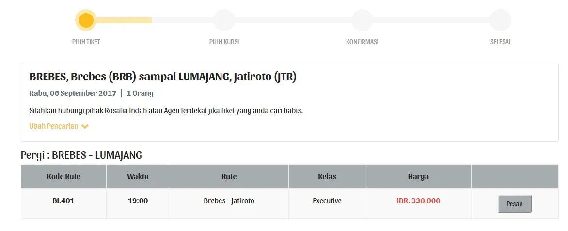 Tiket Bus yang Tersedia