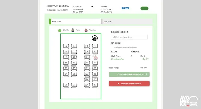 Pemilihan nomor kursi bus